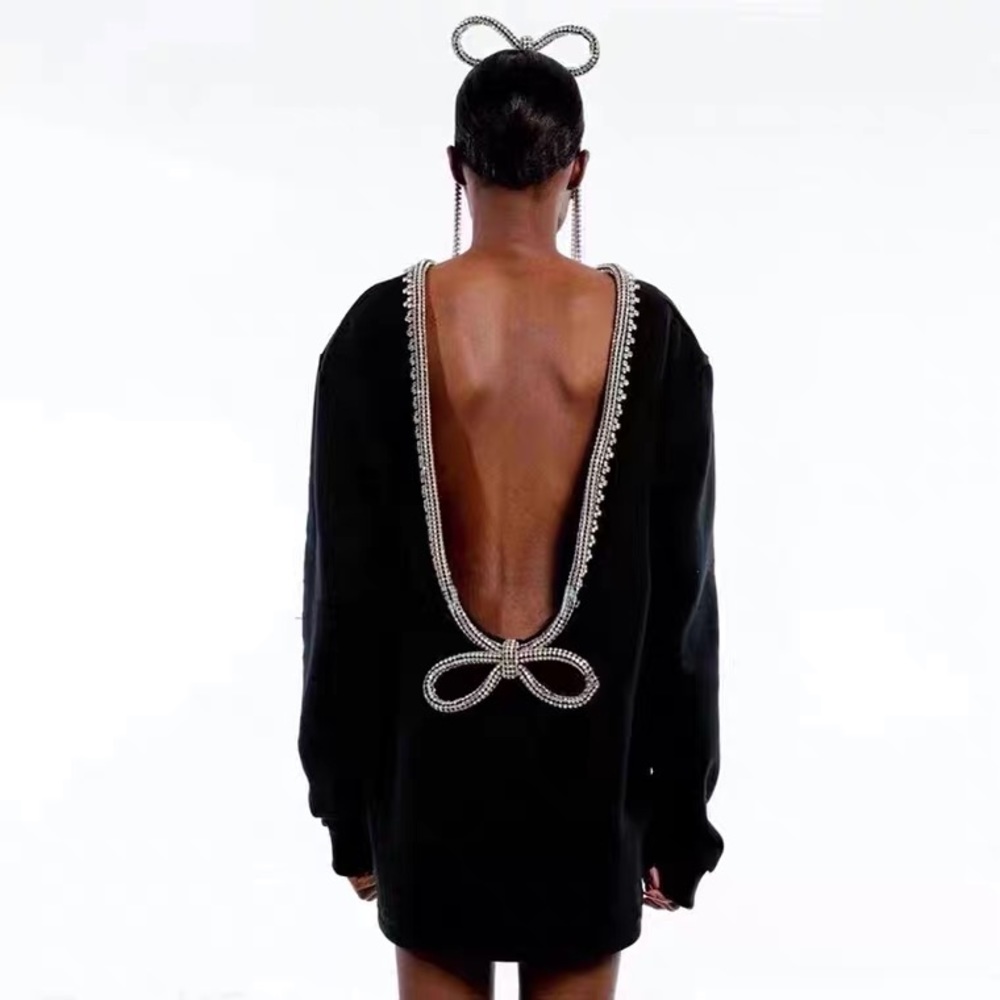 Open Back Crystal Trim Sweatshirt Dress NWT